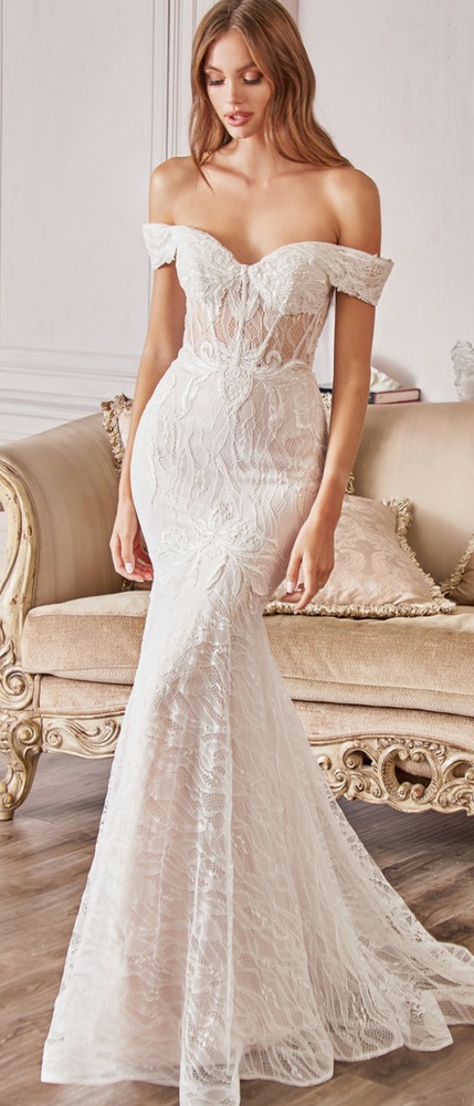 Off-Shoulder Lace Mermaid Wedding Gown in Ivory